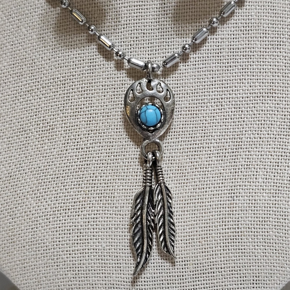 Navajo Indian Sterling Silver & Turquoise Bear Paw Dangle Earrings & Pendant - Picture 3 of 11